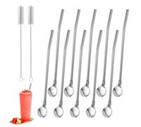 Arvoni 10 Piezas Cuchara de Paja, 2 en 1 Pajitas Reutilizables de Acero Inoxidable, Cuchara Paja de Metal con 2 Cepillos de Limpieza, Pajitas para Bebida para Cóctel, Café Helado, Zumos