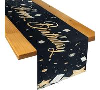 Arvoni Camino de Mesa de Cumpleaños 33x183 cm, Mantel de Cumpleaños Elegante Negro y Dorado, Decoración de Mesa para Fiestas, Lavable y Reutilizable, Tela de Calidad para Mesas Rectangulares
