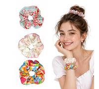 ARYIMYDP 3 Coleteros Pelo Mujer, Scrunchies Gran Volumen, Gomas Pelo Suaves Antideslizantes para Coletas y Moños, Motivos Cereza/Flores/Puntos, Set Accesorios Diario Sin Dañar