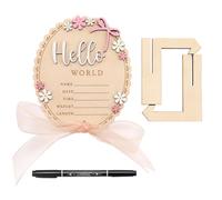 ARYIMYDP "Hello World" Tarjetas de Hitos Rosas con una Cinta con un Lazo Rosa Incluye un Soporte y un Rotulador Cartel de Madera para Bebé Cartel de Bienvenida para Recién Nacidos Redondo de Madera
