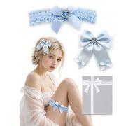 ARYIMYDP Ligas Azules Liga Novia, Ligas de Boda con Encaje y Lazo para Vestido de Novia, Regalo Novia, Accesorios de Boda para Regalo Mujer, Incluye un Adorno para el Pelo con un Lazo Azul de Regalo