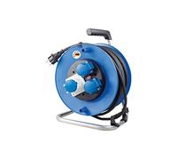 as - Schwabe Carrete de cable para camping, 25 m, enchufe Schuko de 230 V/16 A, con 2 tomas de contacto y 1 enchufe CEE de 3 polos con tapa abatible, IP44, fabricado en Alemania I 10173