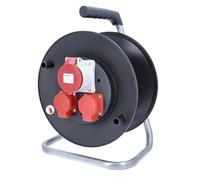 as - Schwabe carrete de cable vacío, para aprox. 25 m de cable, exterior IP44, 2 tomas de corriente con toma de tierra + 1 toma CEE 5 polos 400 V, interruptor térmico, Made in Germany