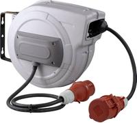 as - Schwabe - Enrollador de cables automático CEE para uso exterior, 15m incl. soporte de pared giratorio, cable de acoplamiento y cable de enchufe de 1m, IP44, 400V 16A, 5 polos, máx. 10kW, gris