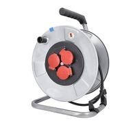 as - Schwabe enrollacables 25 m H05RR-F 3G1,5, IP44 exterior, 3 tomas de corriente con toma de tierra, Interruptor térmico, tambor de acero, Made in Germany