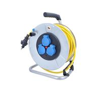 as - Schwabe enrollacables 50 m AT-N07V3V3-F 3G1,5 amarillo, IP44 exterior, con enchufe SEV T13 IP55, 3 tomas Tipo 13, tambor de acero, Interruptor térmico, Made in Germany