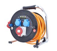 as - Schwabe enrollacables CEE 40 m H07BQ-F 5G1,5 naranja, IP54 exterior, 2 tomas de corriente con toma de tierra y 1 toma CEE 400 V 5 polos, Interruptor térmico, muy robusto, Made in Germany
