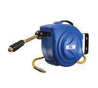 as - Schwabe - Enrollador automático de mangueras de aire comprimido, 10 m de manguera de PVC y 1 m de manguera de conexión, con tope de manguera y acoplamiento rápido, soporte de pared sólido, azul