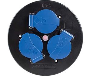 as - Schwabe Inserto de Enchufe para Carrete de Cable, 3 Tomas de Corriente con Toma de Tierra, con Tapa Protectora Azul, Exterior IP44, Interruptor térmico, 230 V 16 A