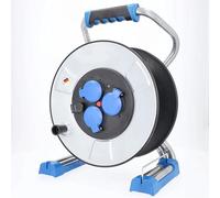 as - Schwabe IronCoat Xperts carrete de cable vacío, para aprox. 50 m de cable, exterior IP44, 3 tomas de corriente con toma de tierra, USB, protección contra descargas eléctricas, Made in Germany