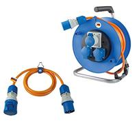 as - Schwabe Juego de carrete de cable de 25 m + cable de extensión de 1,5 | Con enchufe CEE y 2 enchufes de protección de contacto, cable alargador CEE de 1,5 m, con indicador de tensión