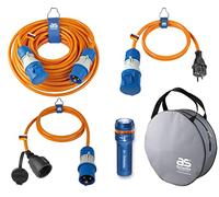as - Schwabe Set de camping 5 piezas - Funda protectora - 19706 | Cable de extensión CEE de 25 m con conector CEE y acoplamiento CEE - 2 x 1,5 m cable adaptador - linterna LED