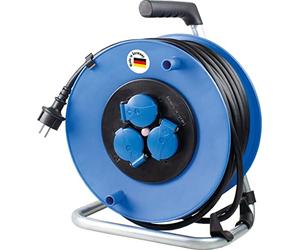 as - Schwabe Tambor de cable de 25 m, con 3 latas de protección de contacto y enchufe de protección de contacto, 230 V/16 A, para camping, exterior, IP44, azul, fabricado en Alemania, 10231