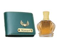 AS Store Combo de cartera con nombre personalizado y perfume árabe Oud para hombres con 12 nombres de fuente personalizados y 38 dijes de regalo para tu ser querido una vez, color verde