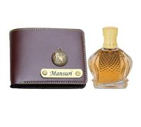 AS Store Combo de cartera con nombre personalizado y perfume árabe Oud para hombres con 12 nombres de fuente personalizados y 38 dijes de regalo para tu ser querido una vez, color marrón
