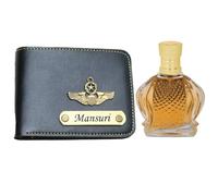 AS Store Combo de cartera con nombre personalizado y perfume árabe Oud para hombres con 12 nombres de fuente personalizados y 38 dijes de regalo para tu ser querido una vez, color negro
