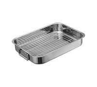 Asador con rejilla - horno profundo antiadherente para pavo, jamón, aves de corral, carne | Utensilio de cocina de metal con soporte elevador para crujiente, bruñido, comida familiar,