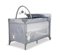 Asalvo COMPLET Cuna de Viaje, Doble Altura, Doble Bloqueo de Seguridad, Arco de Juegos, Plegado Compacto, Base Acolchada, Bolsa de Transporte, Desde el Nacimiento hasta 15 kg, Conejo Gris