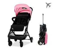 Asalvo FLIGHT Silla de paseo ligera, Carro Plegable Ultraligera y Compacta, Asa Trolley, Equipaje avión, Reclinable, Peso 6,6 kg, Barra seguridad, Arnés 5 puntos, Desde 0 meses (Negro - Rosa)