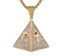 AsAlways Colgante de pirámide para hombre con cruz copta Ankh y collar de ojo malvado martillado con circonita cúbica, Acero inoxidable, Circonia cúbica