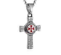 AsAlways Collar con colgante de cruz templaria de caballero irlandés de acero inoxidable para hombre, con nudo celta irlandés, cadena de 55,8 cm + 5 cm, 2.6 cm x 4.17 cm (1.0 inch x 1.62 inch), Metal
