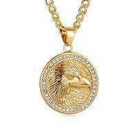 AsAlways Collar de águila chapado en oro de 14 quilates para hombre, de acero inoxidable, colgante redondo de águila americana, joyería de regalo