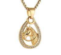 AsAlways Collar de caballo para mujeres y hombres, acero inoxidable, hip hop, oro cabeza de caballo, collar de vaquero del oeste, joyería de regalo, Acero inoxidable, Circonia cúbica