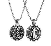 AsAlways Collar de San Benito para hombres y mujeres, acero inoxidable, retro, católico, cruz, romana, exorcismo, medalla redonda, collar con colgante talismán, joyería de regalo, Acero inoxidable, No