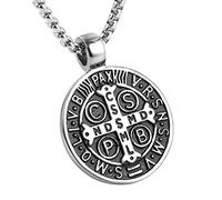 AsAlways Collar de San Benito para hombres y mujeres, acero inoxidable, retro, católico, cruz, romana, exorcismo, medalla redonda, collar con colgante talismán, joyería de regalo, Acero inoxidable, No