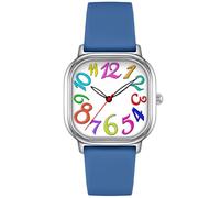 Asan Ge Reloj analógico para mujer con esfera cuadrada con números grandes coloridos y manecillas luminosas, correa de silicona azul, resistente al agua hasta 3 ATM