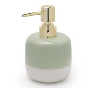 Asashizen Dispensador de jabón de cerámica, verde y blanco, empalme de dos colores con bomba dorada, botella dispensadora de loción cilíndrica de diseño simple, líquido recargable para cocina, baño,
