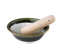 Asayu Japan Mortero de Cerámica con Pilón de Madera, Hecho en Japón, Apto para Lavavajillas y Microondas, Set Ripple Ridge Suribachi y Surigoki (Verde oliva, 11cm)