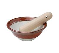 Asayu Japan Mortero de Cerámica con Pilón de Madera, Hecho en Japón, Apto para Lavavajillas y Microondas, Set Ripple Ridge Suribachi y Surigoki (Rojo, 11cm)
