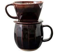 Asayu Japan Set de Cafetera de Filtro y Taza de Cerámica Minoyaki, Portafiltro de Papel para Preparación Lenta de Café, Hecho en Japón (Marrón Oscuro, Set 2 piezas)