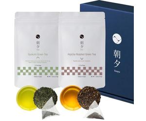 Asayu Japan Set de Té Verde - Daily Essentials Duo Gift Box (Gyokuro Japonés y Hojicha) 30 Bolsitas, Hecho en Japón, para Relajación y Concentración