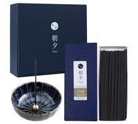 Asayu Japan Set de Varillas de incieso japonés de Bajo Humo y Portaincienso de Cerámica - Incienso con Aroma a Sándalo + Portaincienso Azul con Forma Flor de Loto, Regalo Yoga y Relax