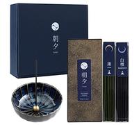 Asayu Japan Set de Varillas de incieso japonés de Bajo Humo y Portaincienso de Cerámica - Set de Incienso Yoga (Loto y Sándalo) + Portaincienso Flor de Loto Azul, Regalo Yoga y Relajación