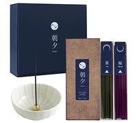 Asayu Japan Set de Varillas de incieso japonés de Bajo Humo y Portaincienso de Cerámica - Set de Incienso Japón (Sakura y Té Verde) + Portaincienso Loto Blanco, Regalo Yoga y Relajación