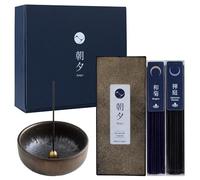 Asayu Japan Set de Varillas de incieso japonés de Bajo Humo y Portaincienso de Cerámica - Set de Incienso Zen (Crisantemo y Jardín Zen) + Portaincienso Tradicional Zen, Regalo Yoga y Relajación