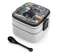 asbwuo Cute Black Pug Dog Bento Box 1000ml Leak Proof Lunch Container with Removable Dividers & Spoon - BPA-Free PP Stackable Lunch Box for Work, Office, Picnic, Travel, Dining Out