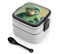 asbwuo Green Clever Monkey Bento Box 1000ml Leak Proof Lunch Container with Removable Dividers & Spoon - BPA-Free PP Stackable Lunch Box for Work, Office, Picnic, Travel, Dining Out