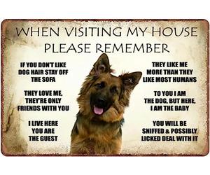 asbwuo Letrero retro de hojalata con texto en inglés «When Visiting My House Please Remember Love Dog Rules German Shepherd Man Cave» para decoración de habitación, hogar, dormitorio, cafetería, placa