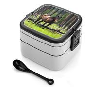 asbwuo Lonchera apilable de doble capa con cuchara y asa invisible de Horse in The Rain para adultos.