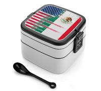 asbwuo Lonchera apilable de doble capa para adultos, con diseño de bandera estadounidense y mexicana, con cuchara y asa invisible.