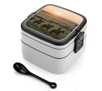 asbwuo Lonchera Bento de doble capa con diseño de atardecer en The Cowboy Ranch para adultos, con cuchara y asa, a prueba de fugas, apilable, de una pieza,picnics y viajes.