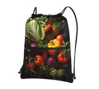 asbwuo Mochila deportiva con bolsillo y cremallera con cordón, estampada con flores y muchas verduras frescas, ideal para viajar.