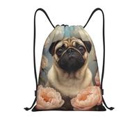 asbwuo Mochila ligera con cordón para deportes de Pug In Peonies, con correas ajustables para el hombro, ideal para fitness, yoga, viajes, fútbol y voleibol, tamaño mediano.