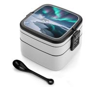asbwuo Polar Bears Northern Lights Bento Box 1000ml Leak Proof Lunch Container with Removable Dividers & Spoon - BPA-Free PP Stackable Lunch Box for Work, Office, Picnic, Travel, Dining Out