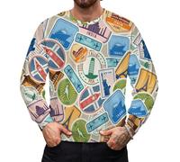 asbwuo Suéter de Cuello Redondo para Hombre con Pegatinas de Sellos de Viaje, Sudadera Ligera Informal de Punto