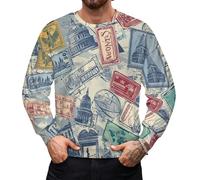asbwuo Suéter de Cuello Redondo para Hombre con temática de Viajes y Pegatinas de Sellos, Sudadera Ligera Informal de Punto